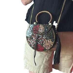 Sam Edelman Aria Iron Boxed Mini Handbag Beaded Mosaic Crossbody Tassel